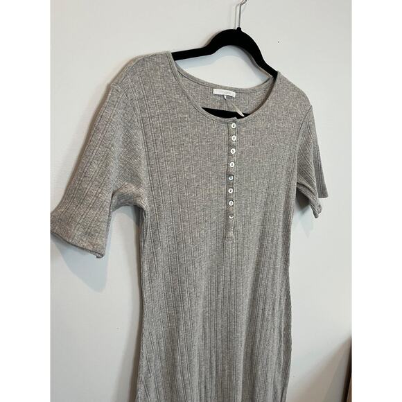 Stitch Drop Henley Dress Women M Gray Ribbed‎ Short Sleeve Midi Bodycon - Picture 7 of 8